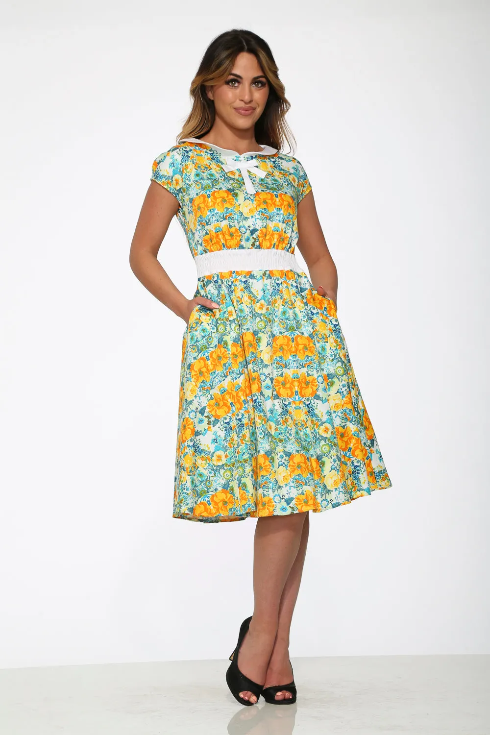 20380 Yellow Floral Swing Dress