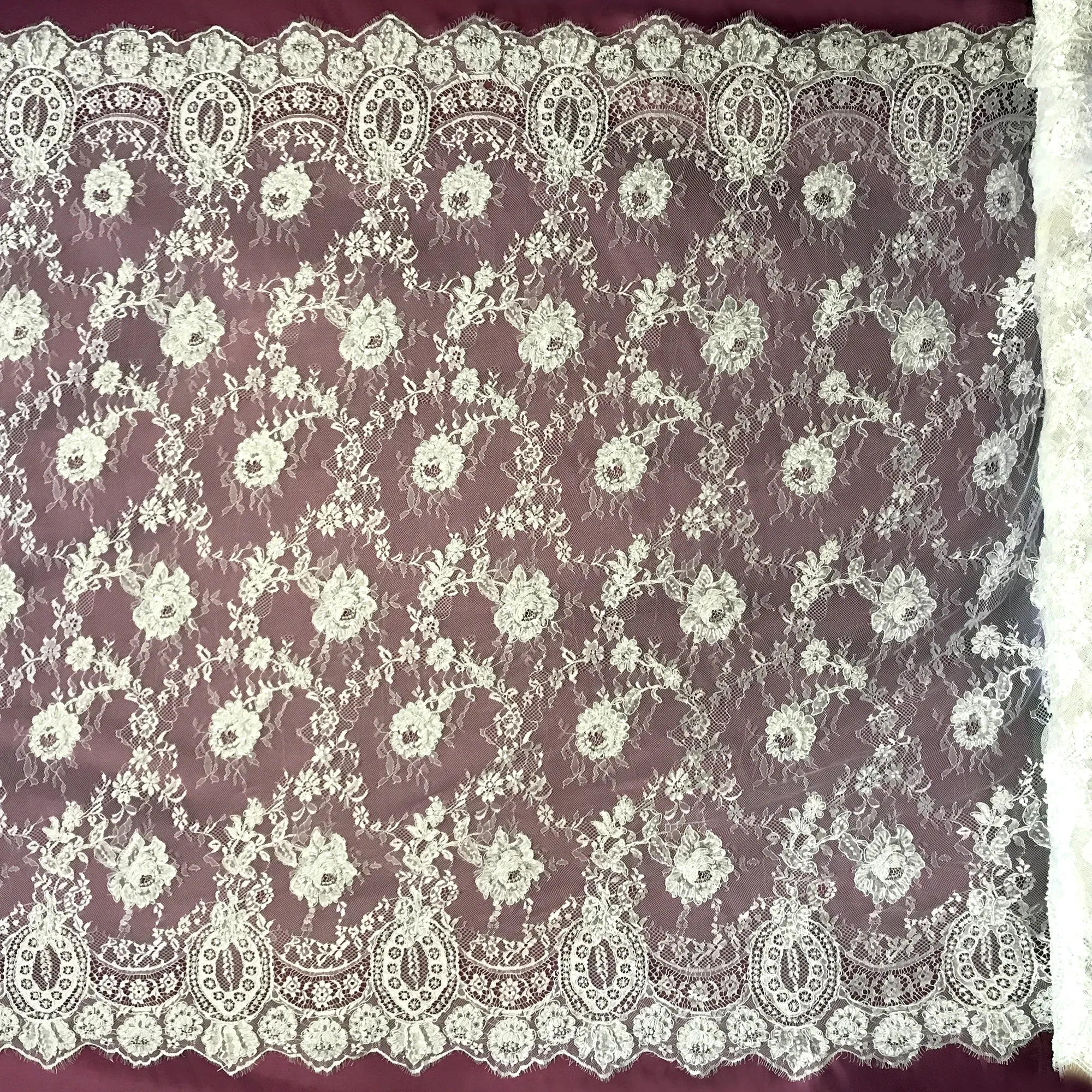 3 Yards Precut Beaded & Corded Chantilly Floral Lace Fabric Embroidered on 100% Polyester Net Mesh | Lace USA - 97143W-BP