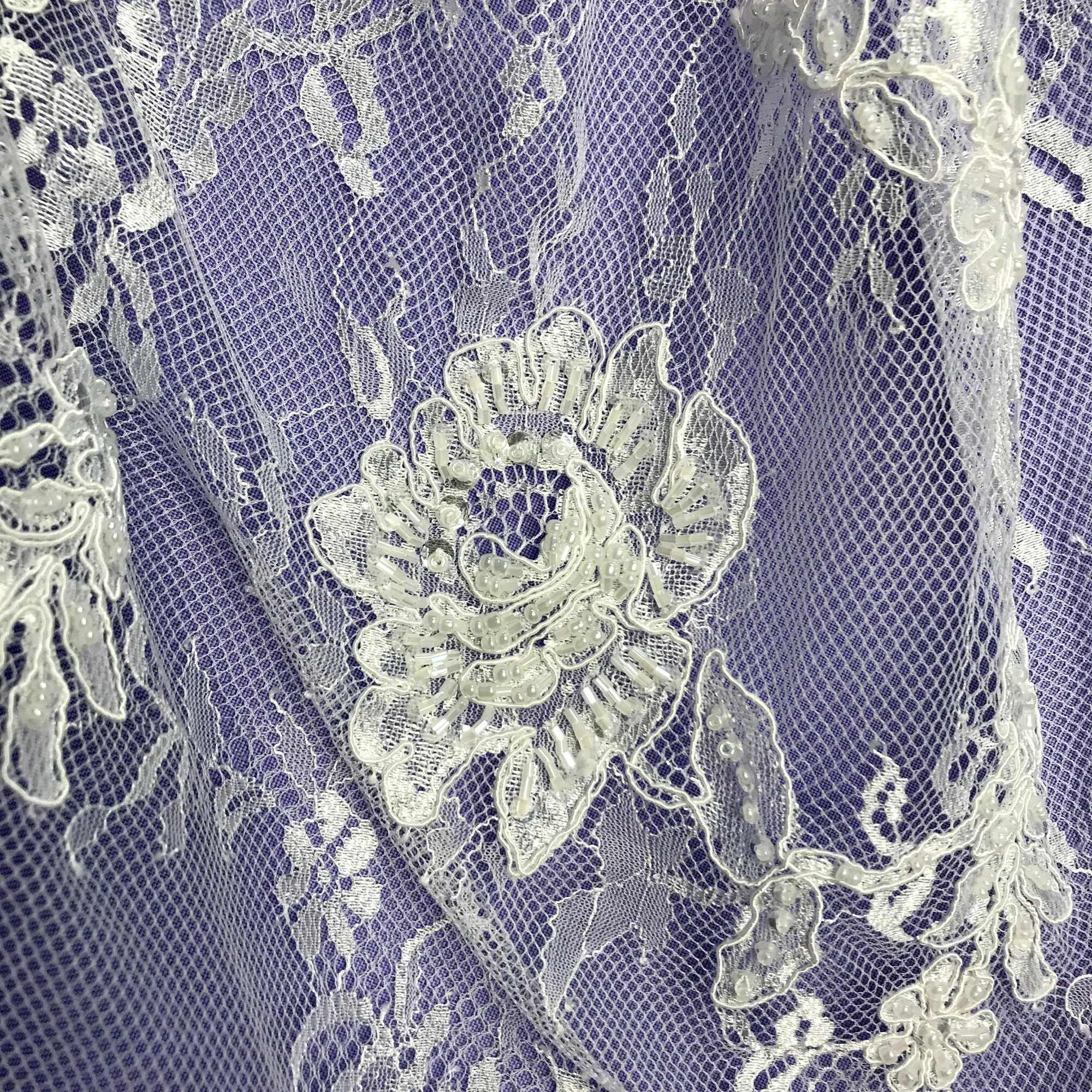 3 Yards Precut Beaded & Corded Chantilly Floral Lace Fabric Embroidered on 100% Polyester Net Mesh | Lace USA - 97143W-BP