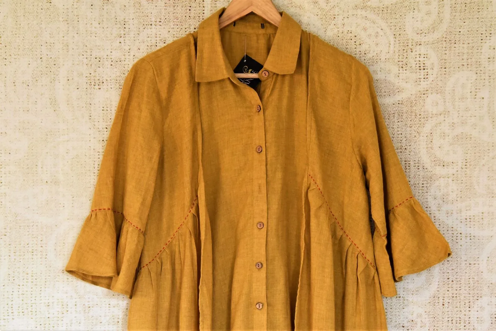402758 Mustard Linen Dress with Embroidered Cycle Motif