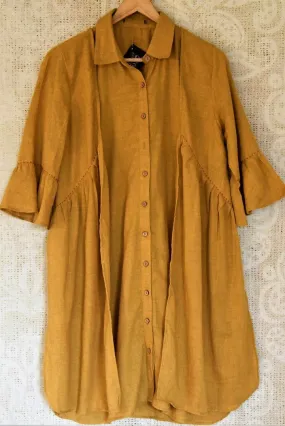 402758 Mustard Linen Dress with Embroidered Cycle Motif