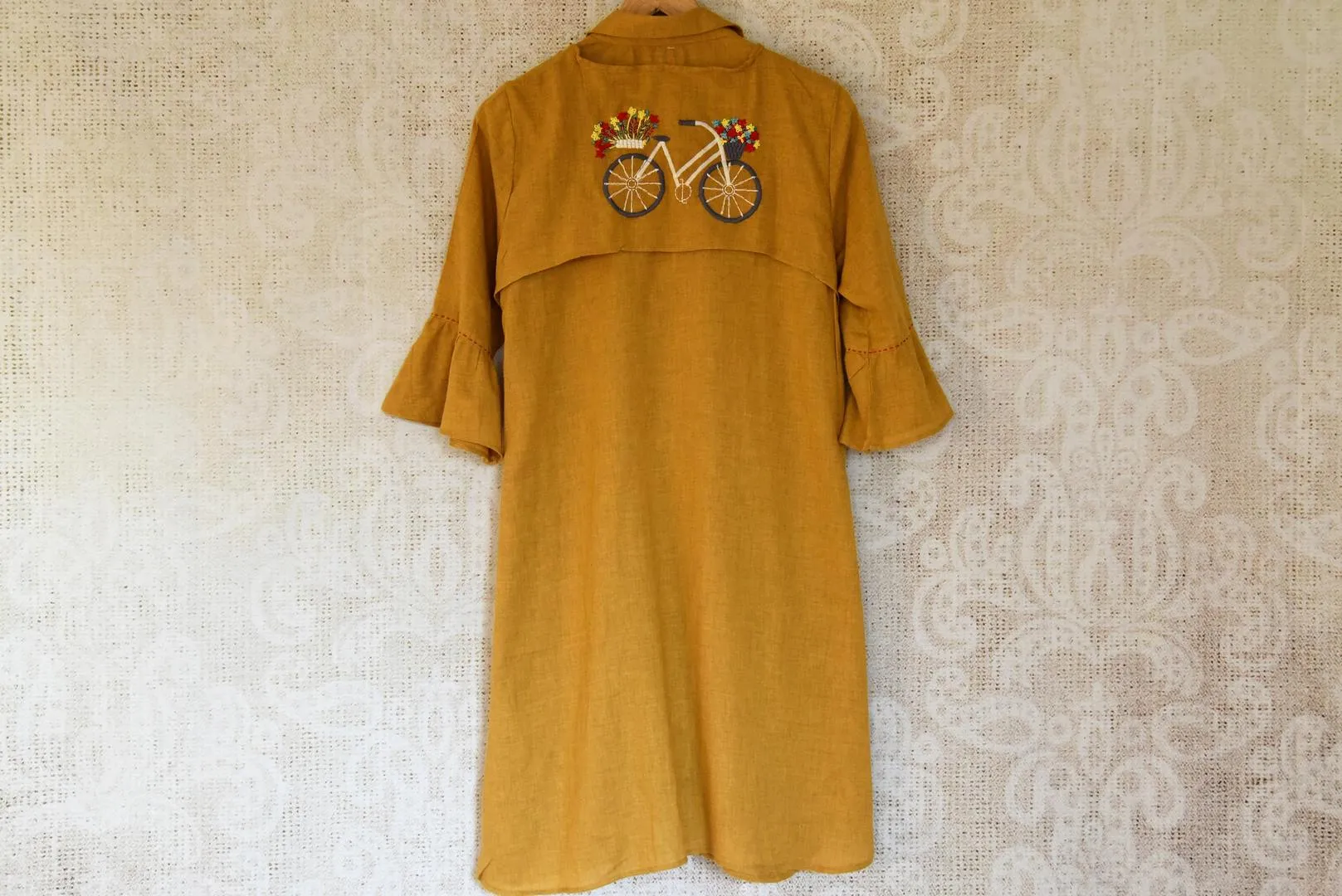 402758 Mustard Linen Dress with Embroidered Cycle Motif
