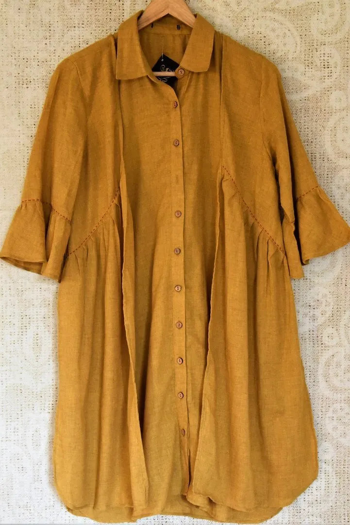 402758 Mustard Linen Dress with Embroidered Cycle Motif