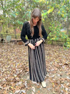 70s Brown Black Chenille Crocheted Vintage Maxi Dress