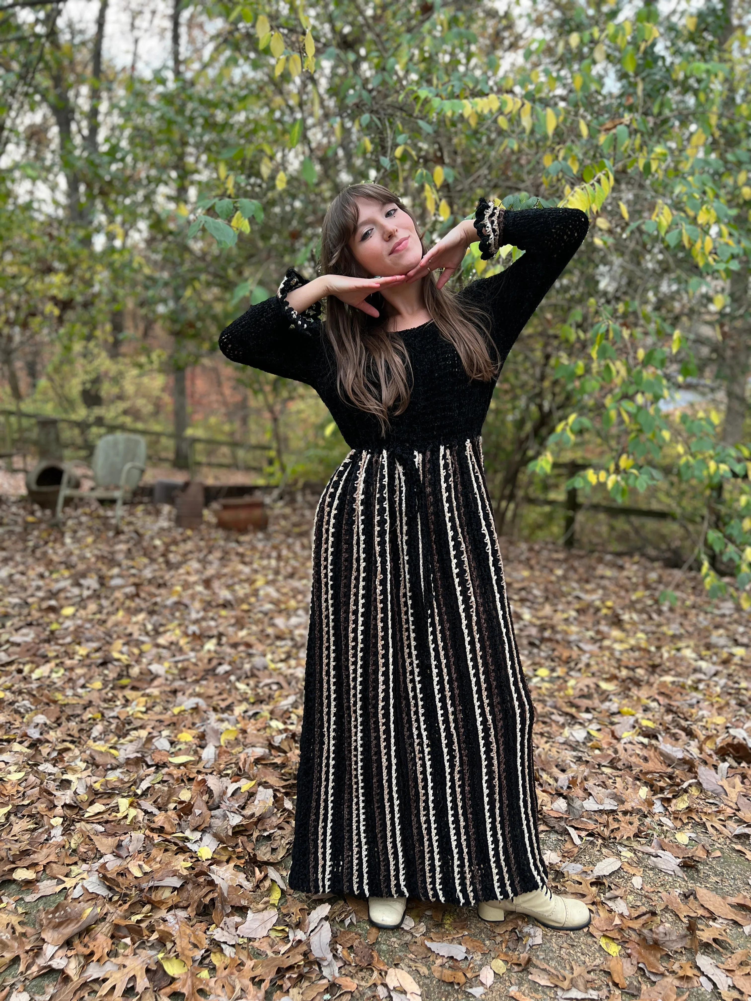 70s Brown Black Chenille Crocheted Vintage Maxi Dress