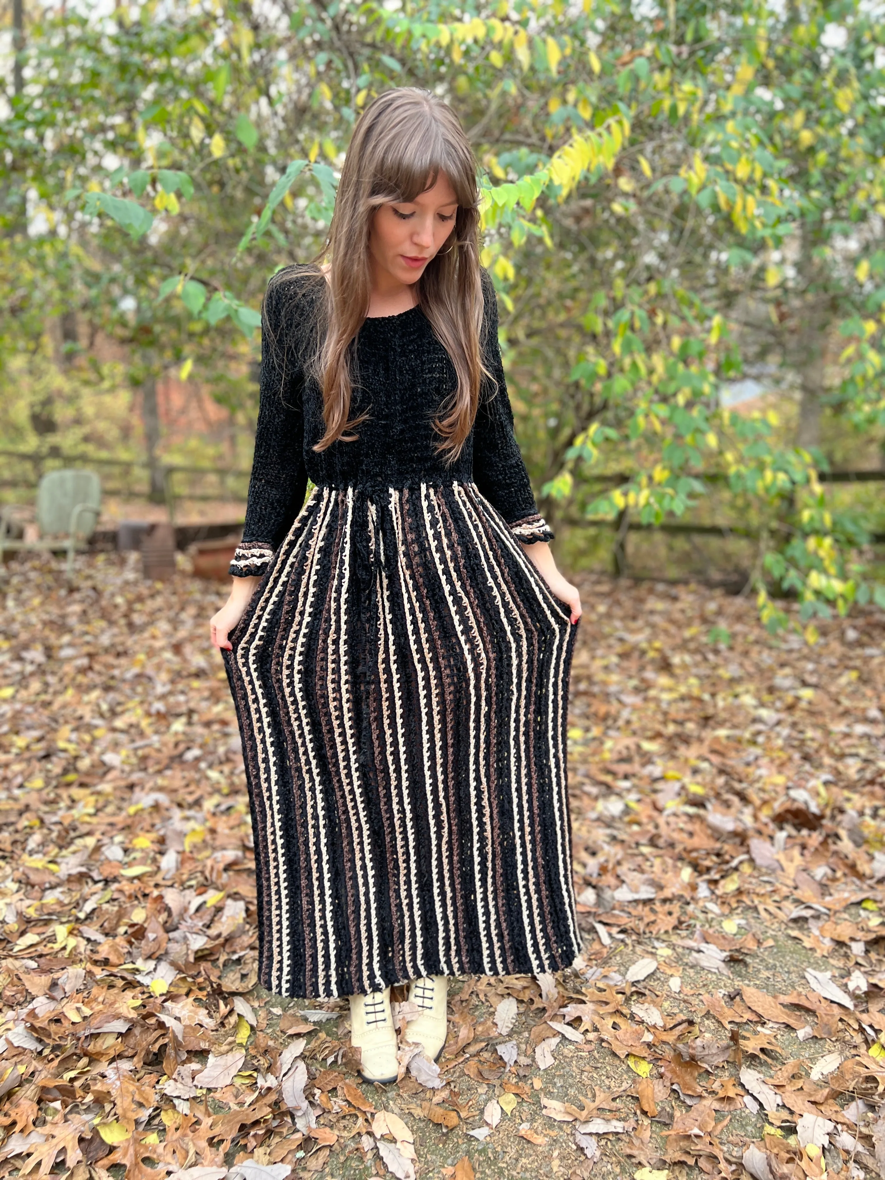70s Brown Black Chenille Crocheted Vintage Maxi Dress