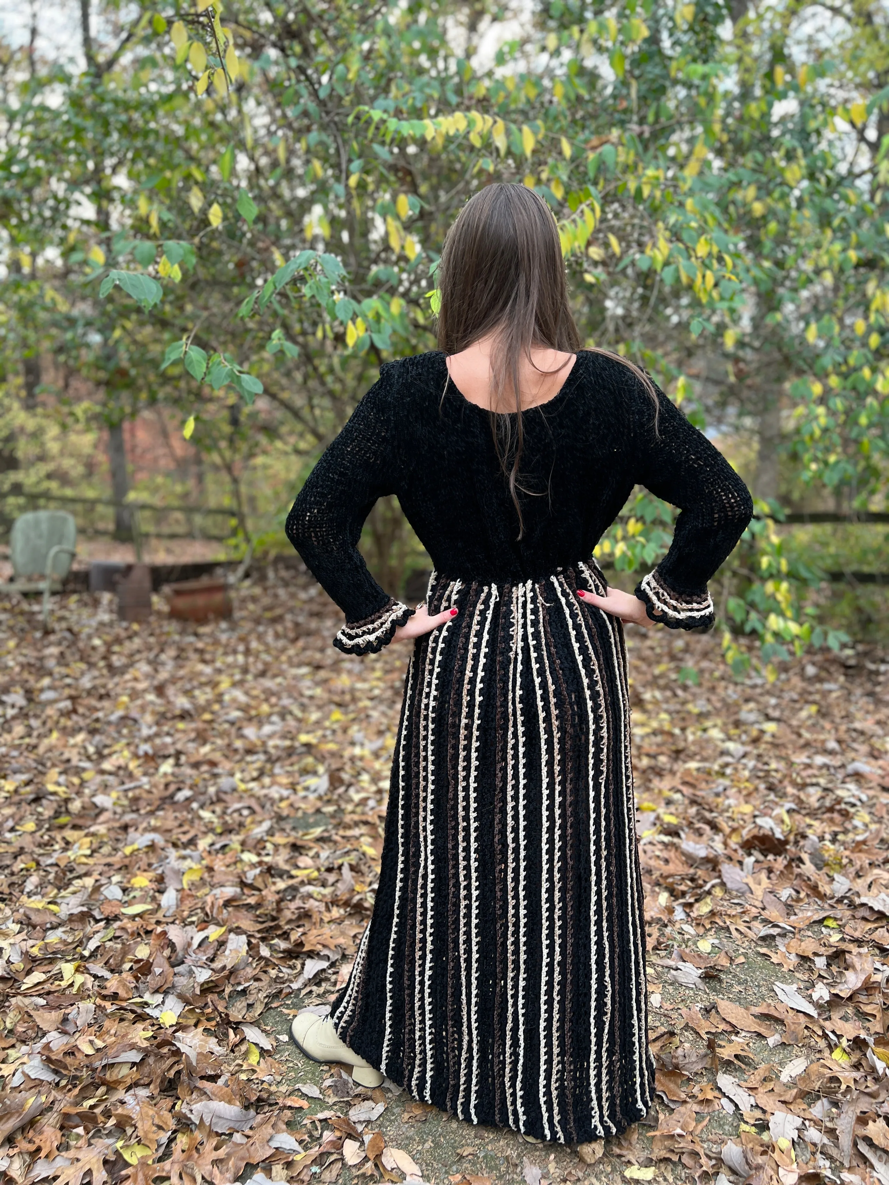 70s Brown Black Chenille Crocheted Vintage Maxi Dress