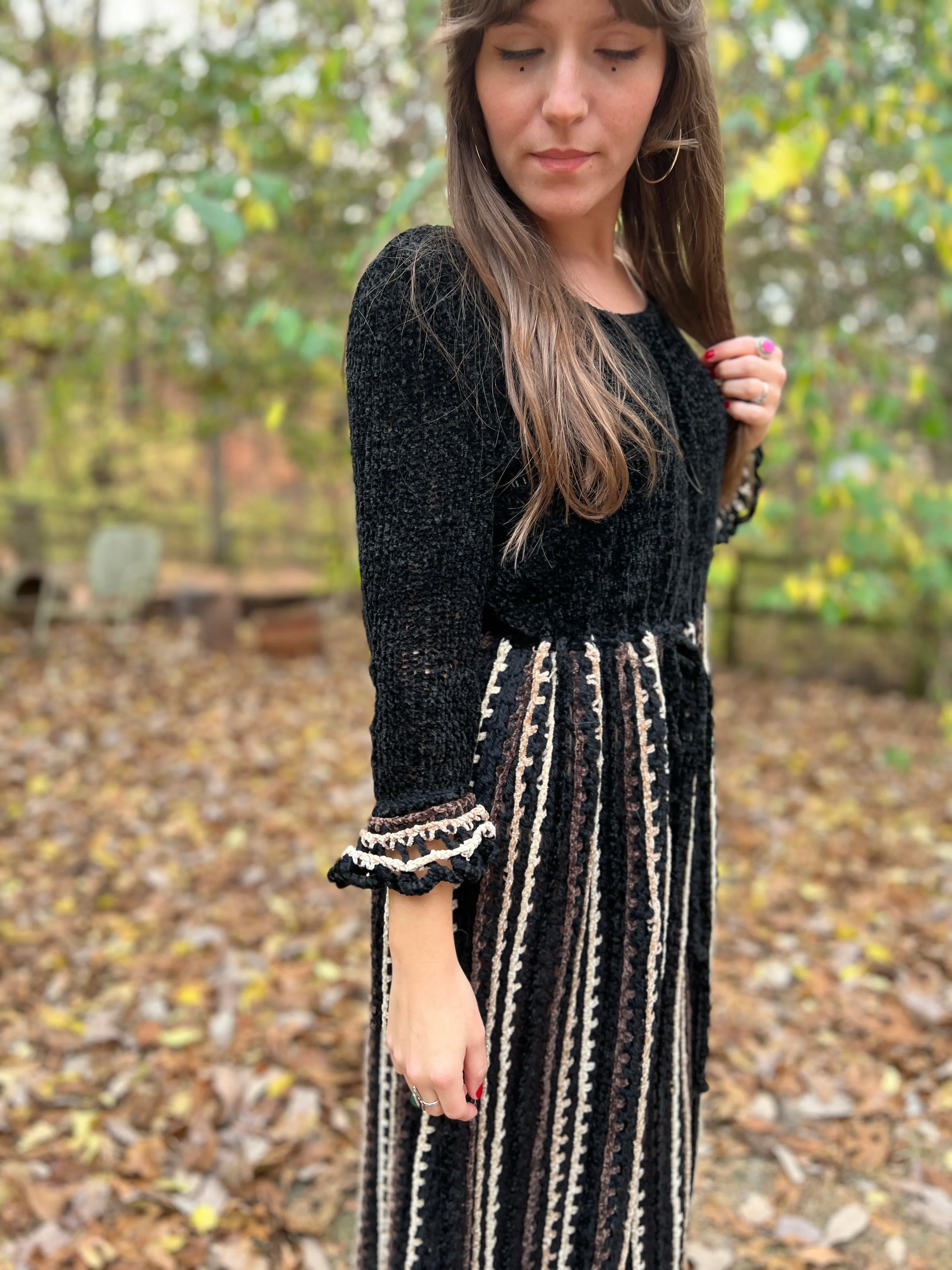 70s Brown Black Chenille Crocheted Vintage Maxi Dress
