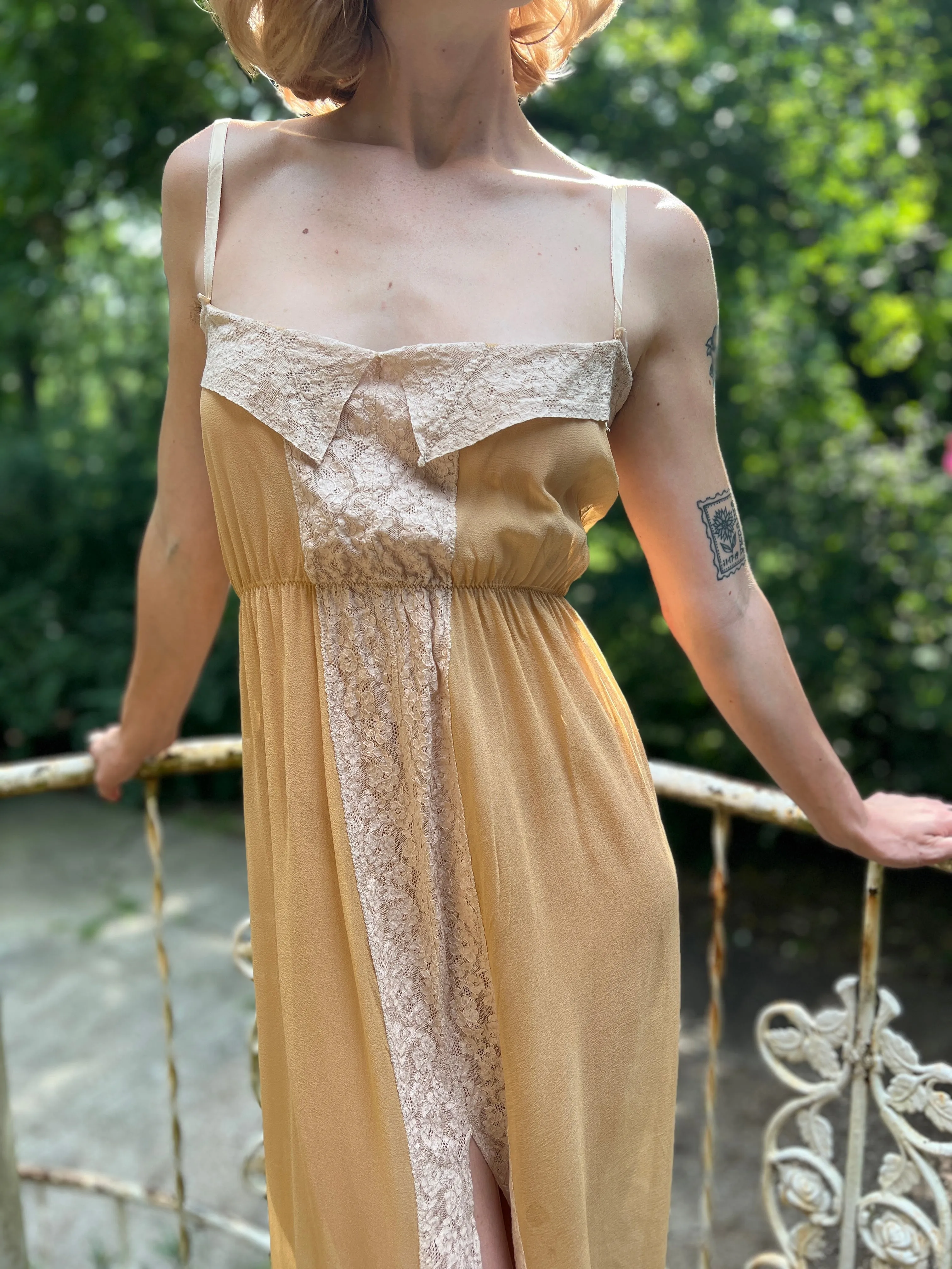 70s Tan Silk Crepe Nightgown Dress With Lace, SHU-BA