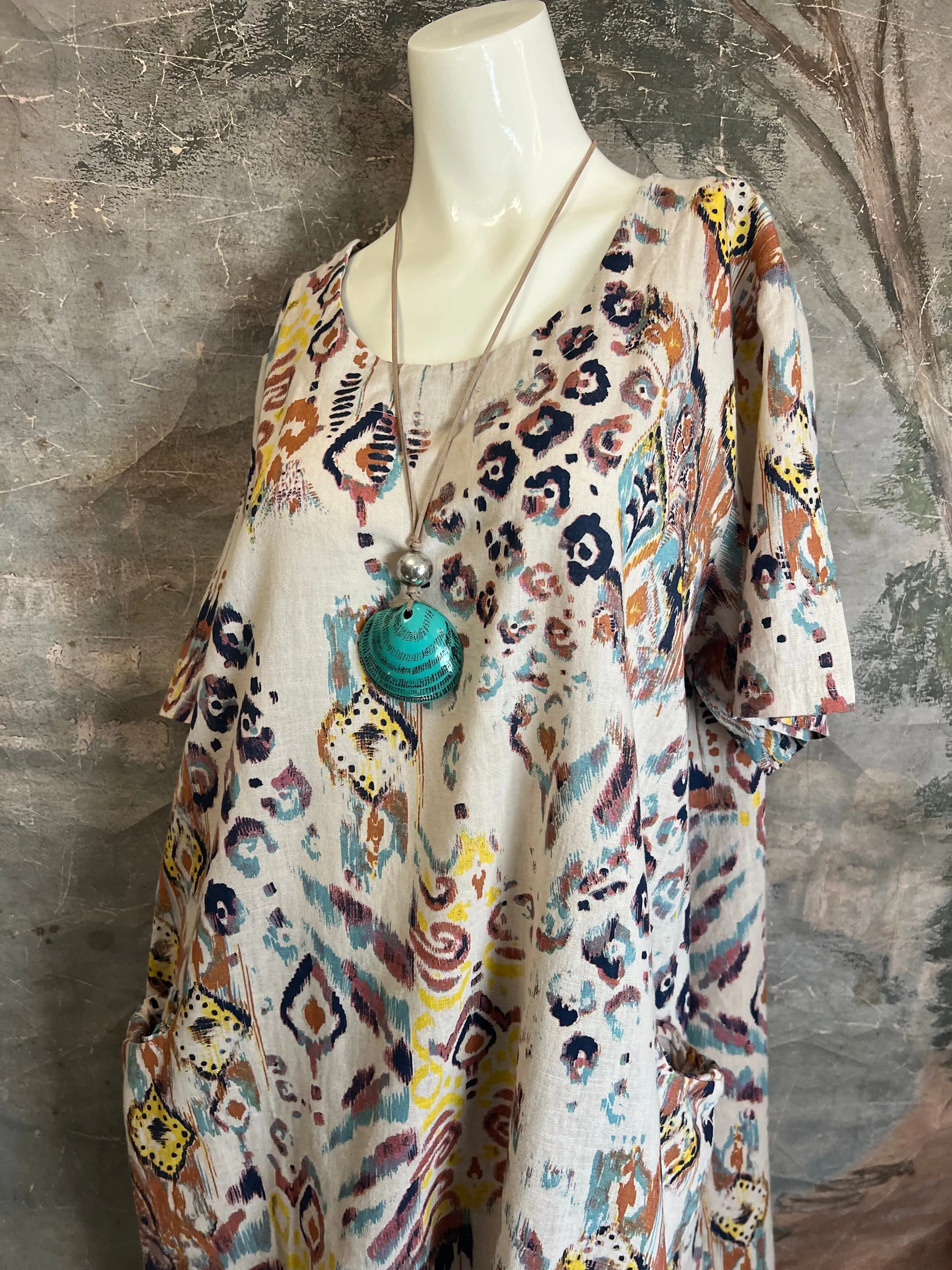 90847 Print Linen Dress-Beige