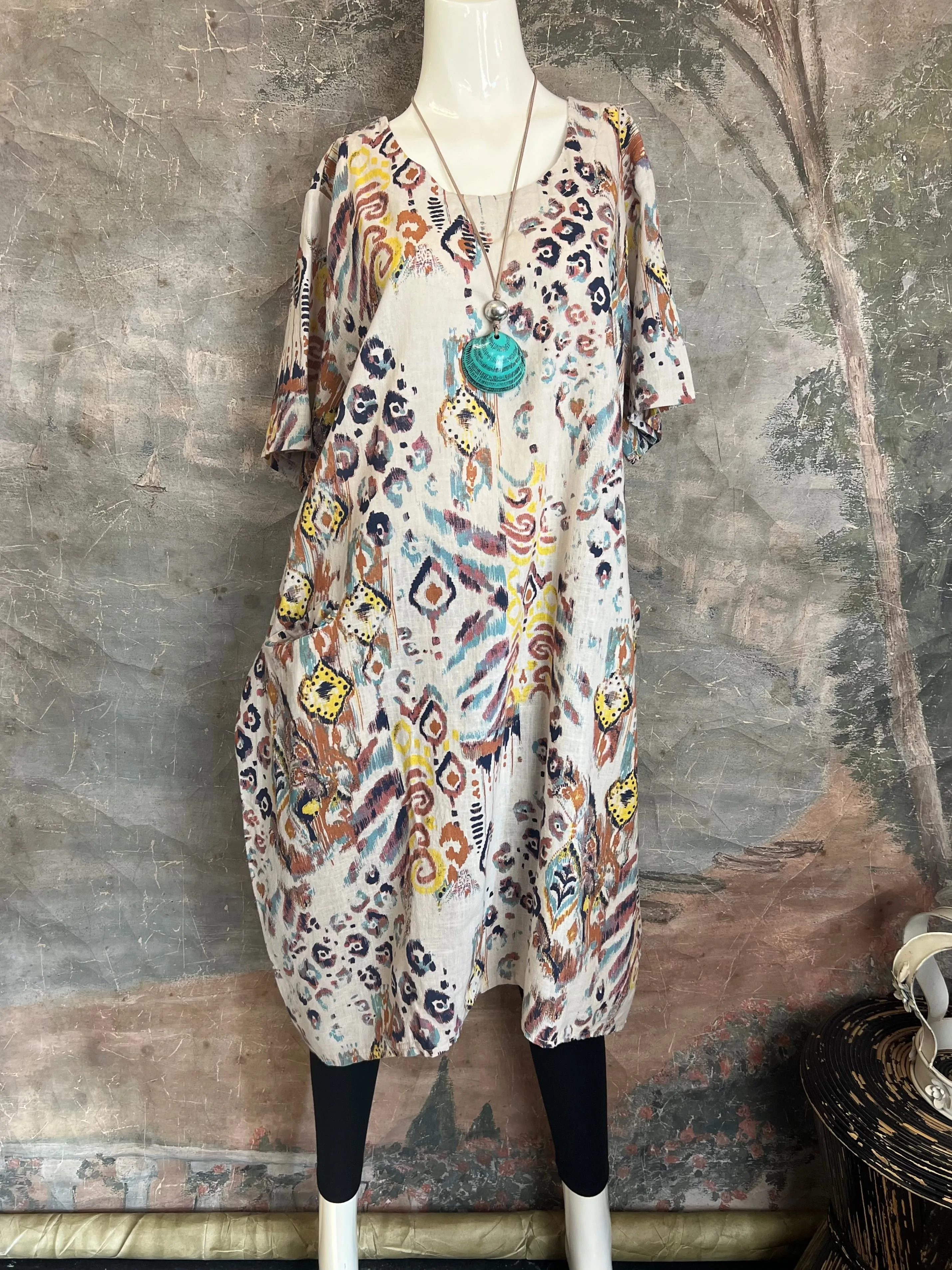 90847 Print Linen Dress-Beige