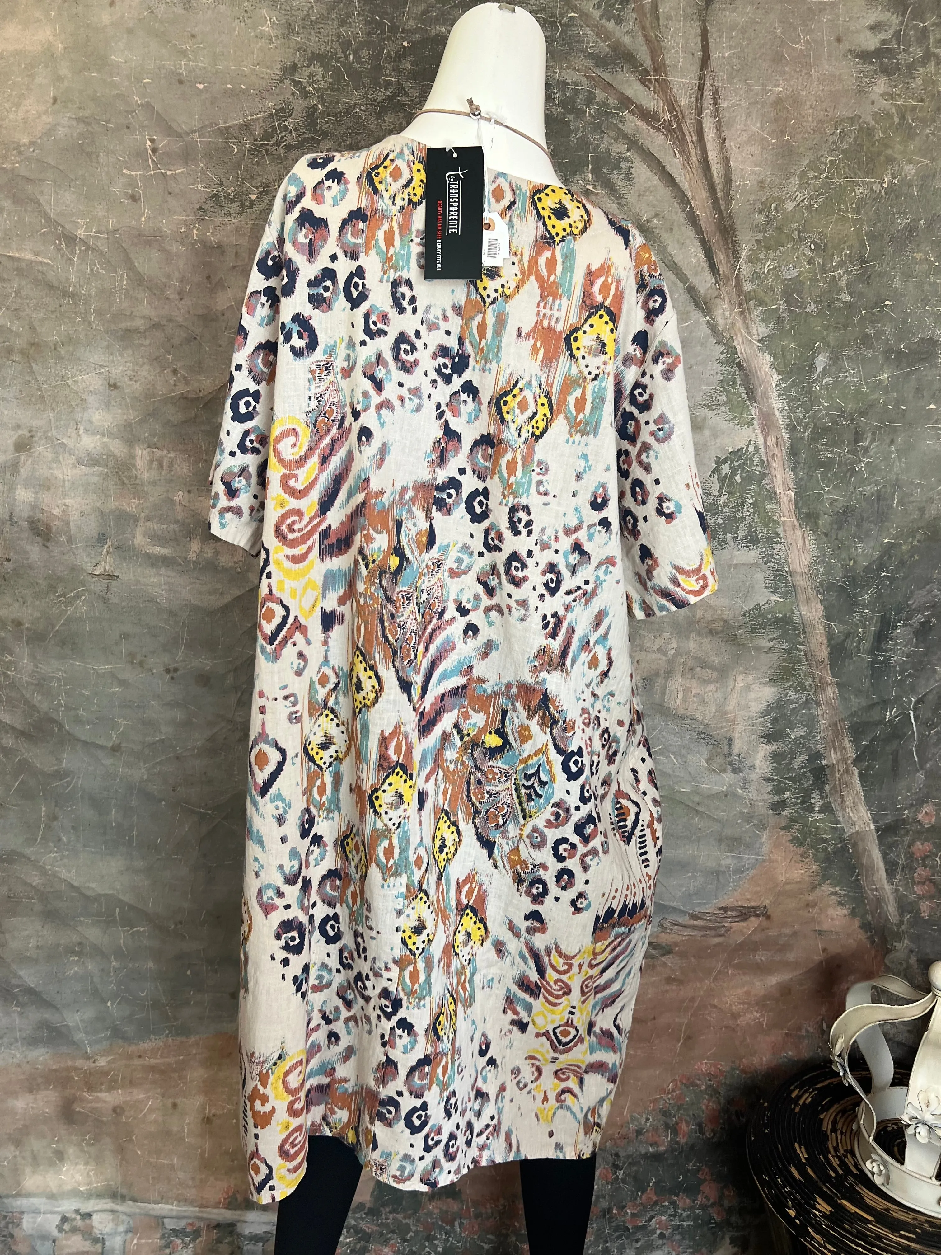 90847 Print Linen Dress-Beige