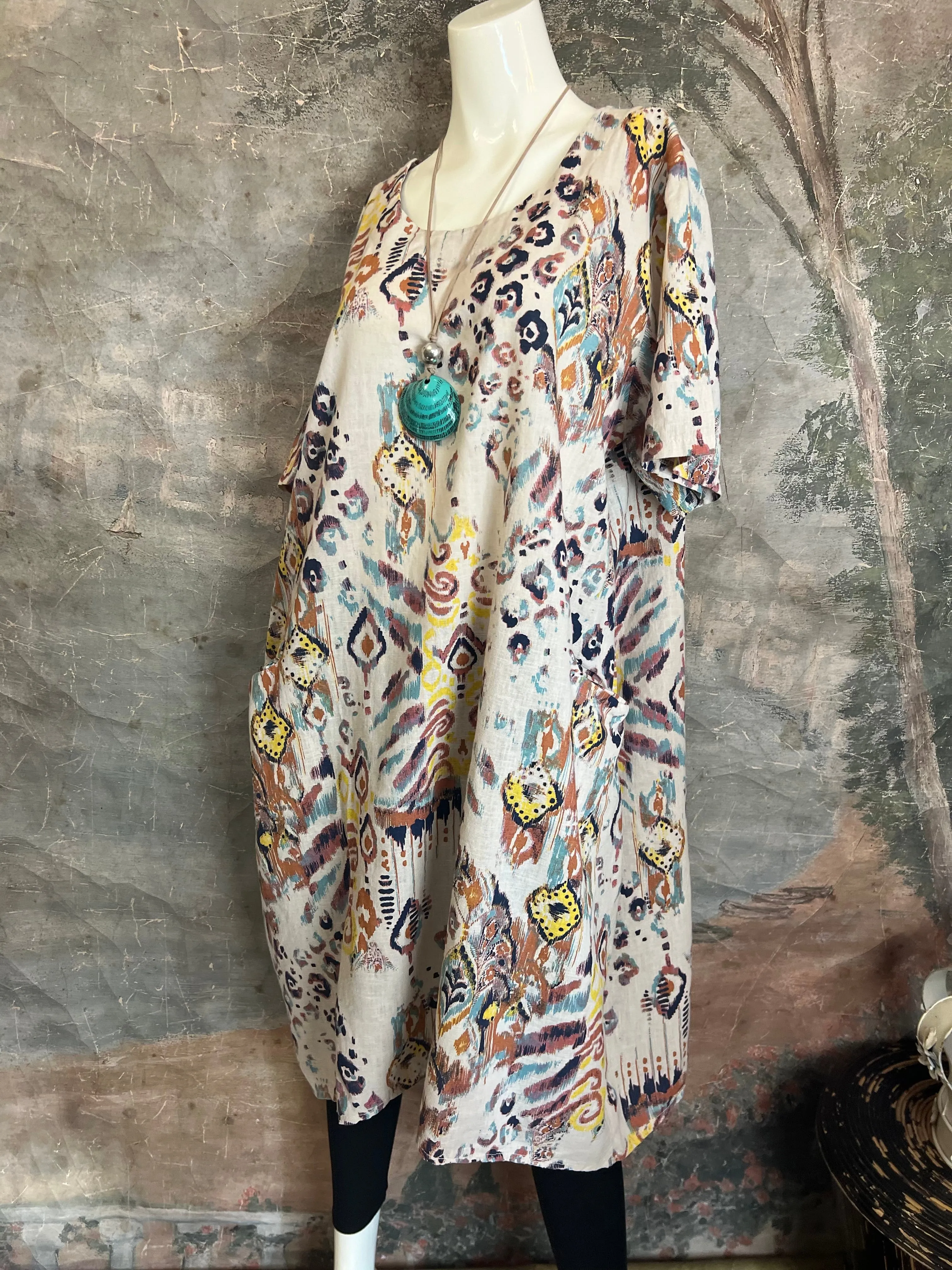 90847 Print Linen Dress-Beige