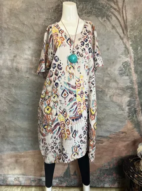 90847 Print Linen Dress-Beige