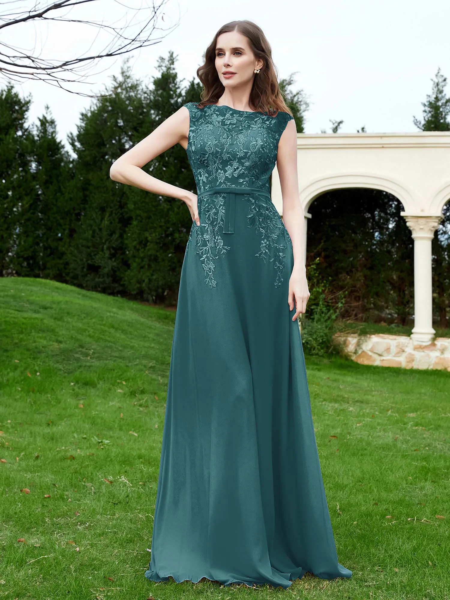 A-Line Chiffon Dress with Flower Appliqued Peacock Plus Size