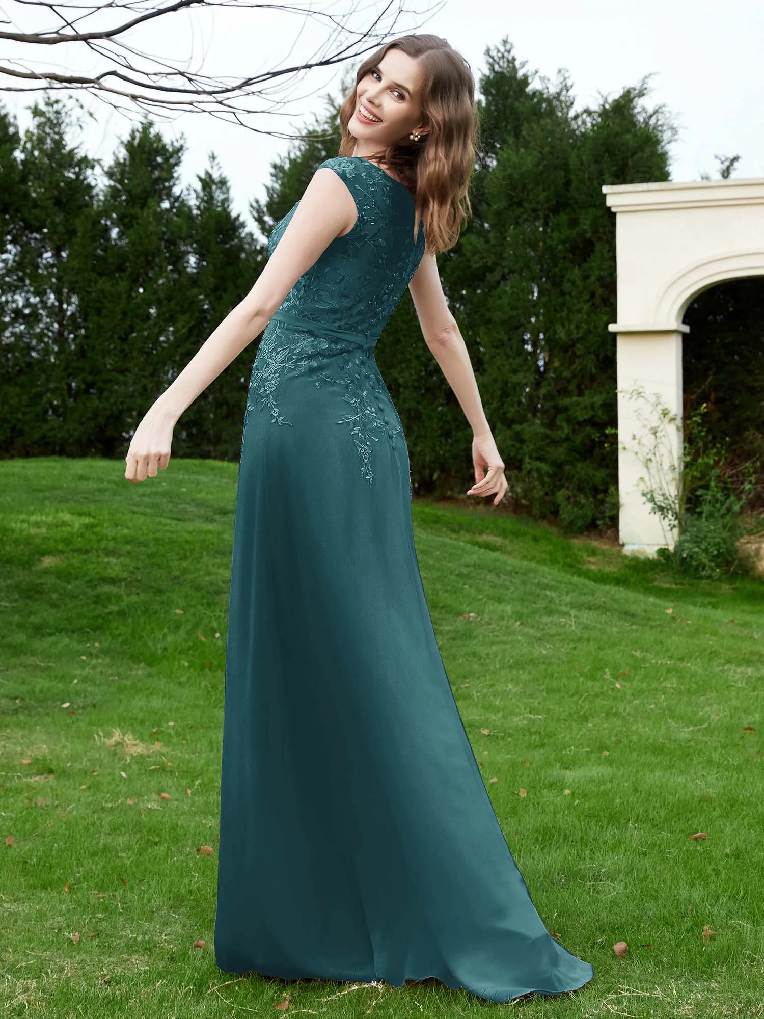 A-Line Chiffon Dress with Flower Appliqued Peacock Plus Size
