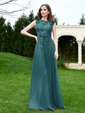 A-Line Chiffon Dress with Flower Appliqued Peacock Plus Size