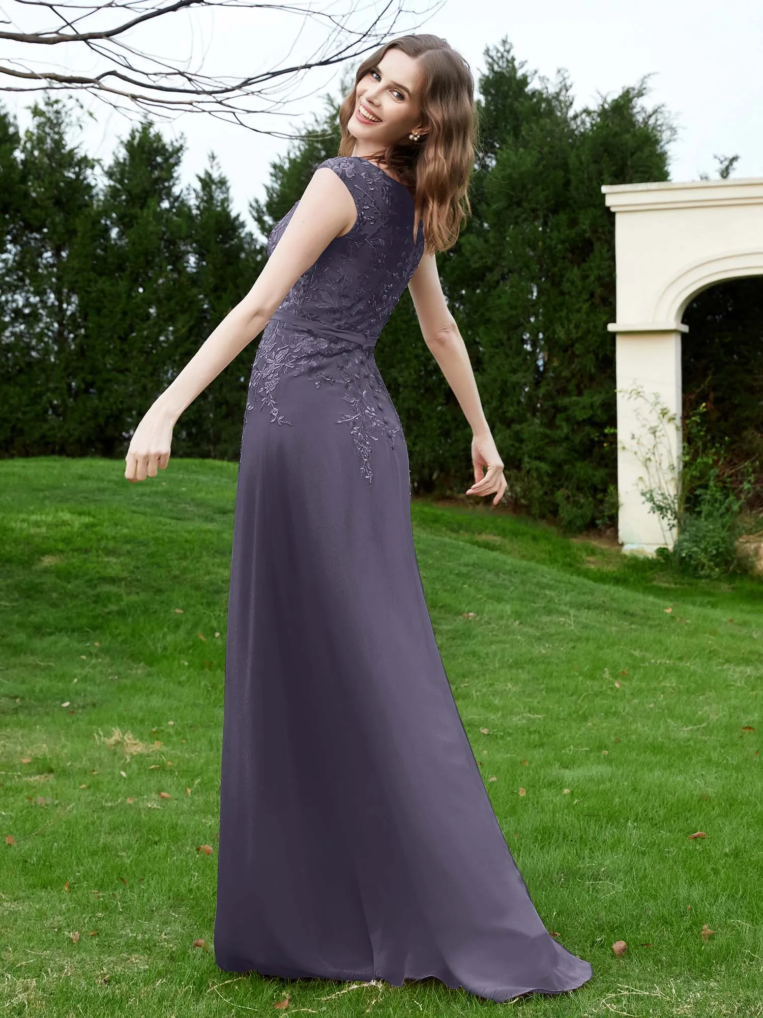 A-Line Chiffon Dress with Flower Appliqued Stormy