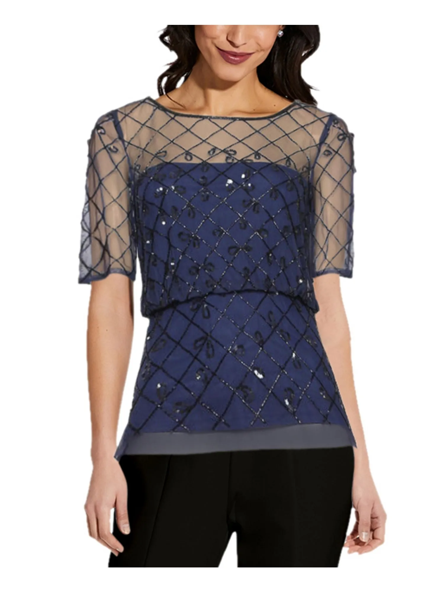 ADRIANNA PAPELL Womens Beaded Short Sleeve Crew Neck Evening Top