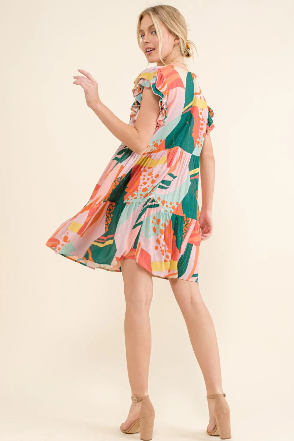 Alana Printed Double Ruffle Sleeve Dress
