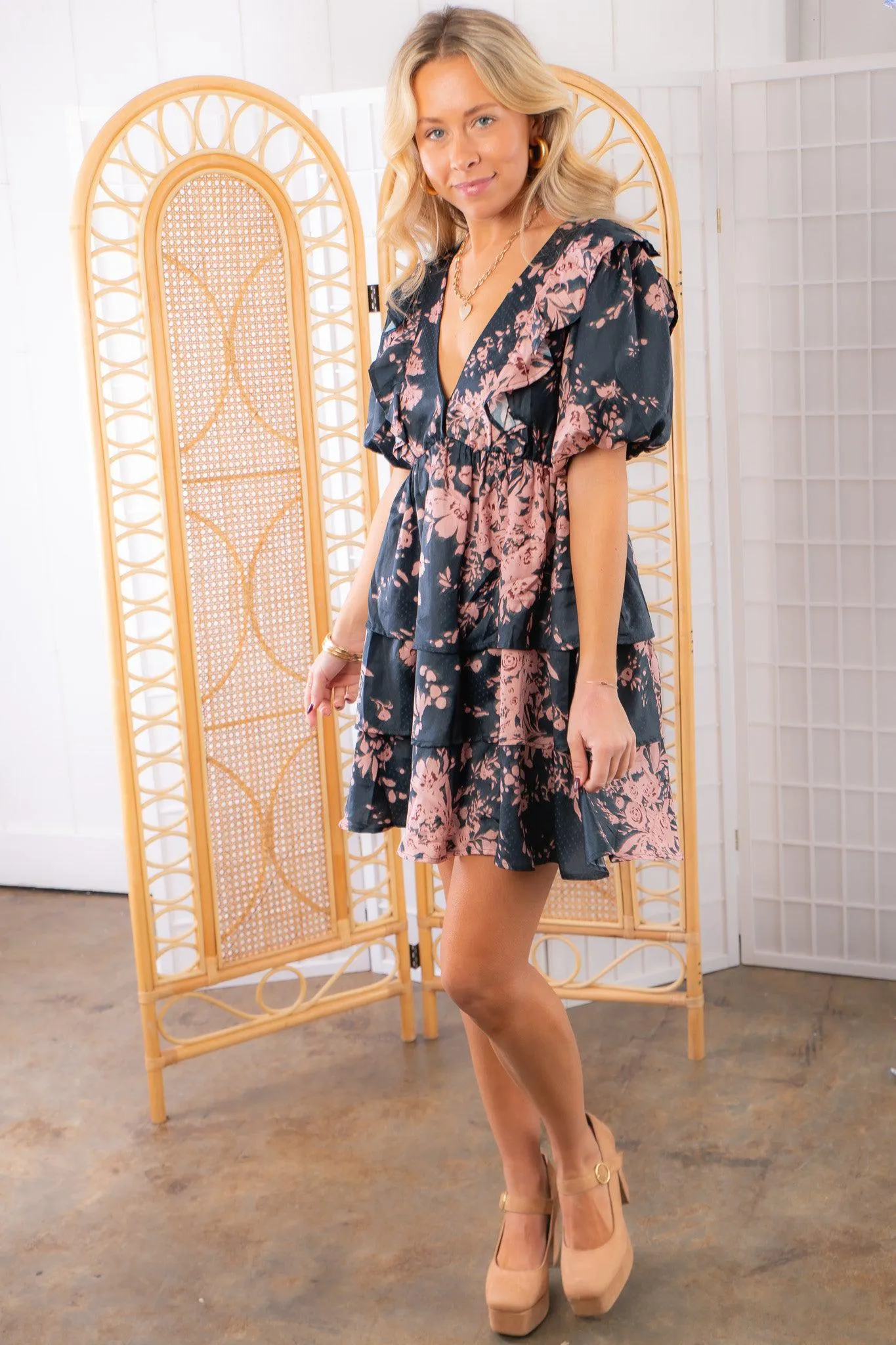 Amelia Dark Ivy Floral V Neck Puff Sleeve Mini Dress