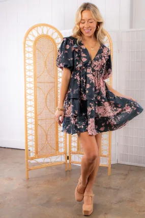 Amelia Dark Ivy Floral V Neck Puff Sleeve Mini Dress
