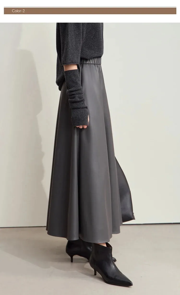 AMII Minimalist PU Elastic Waist Leather Skirt