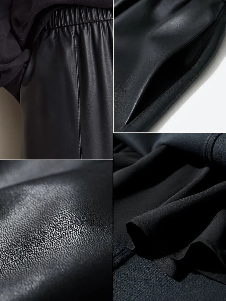 AMII Minimalist PU Elastic Waist Leather Skirt