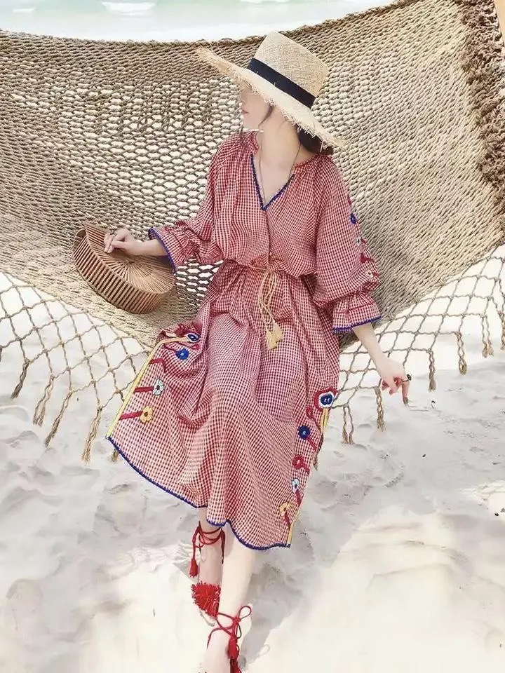 Autumn New Plaid Embroidered V-neck Dress