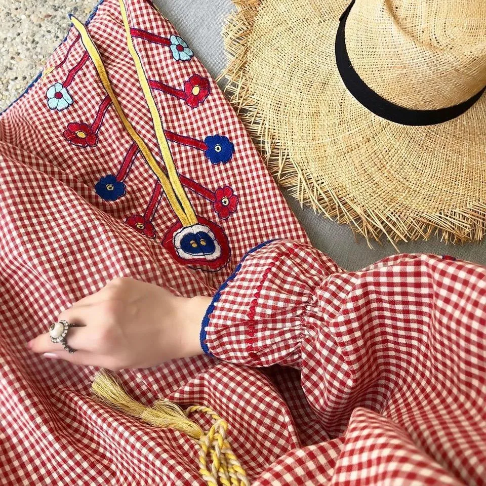 Autumn New Plaid Embroidered V-neck Dress
