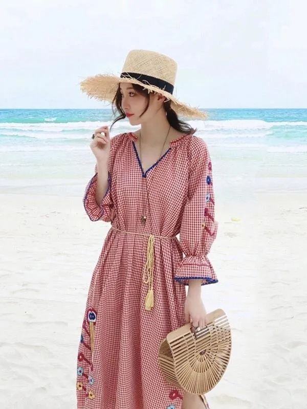 Autumn New Plaid Embroidered V-neck Dress
