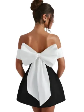 Back Big Bow Black and White Dress Fashion Off Shoulder High Waist Sleeveless Backless Mini Dresses Autumn New Party Dresses