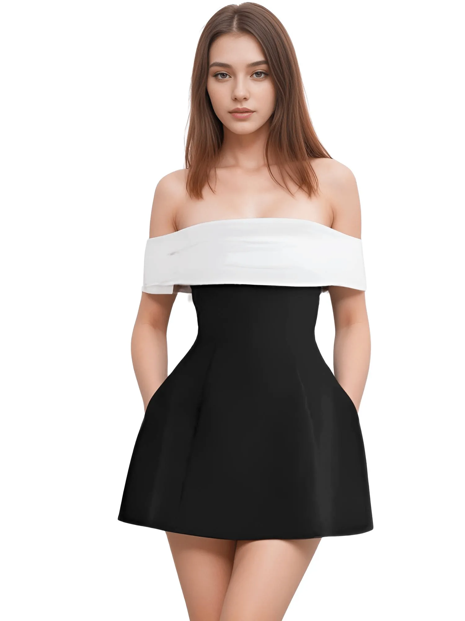 Back Big Bow Black and White Dress Fashion Off Shoulder High Waist Sleeveless Backless Mini Dresses Autumn New Party Dresses