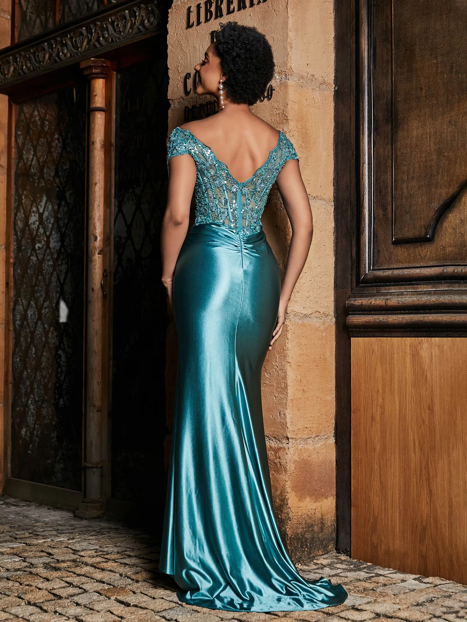 Beaded Corset Bodice Mermaid Satin Gown Jade