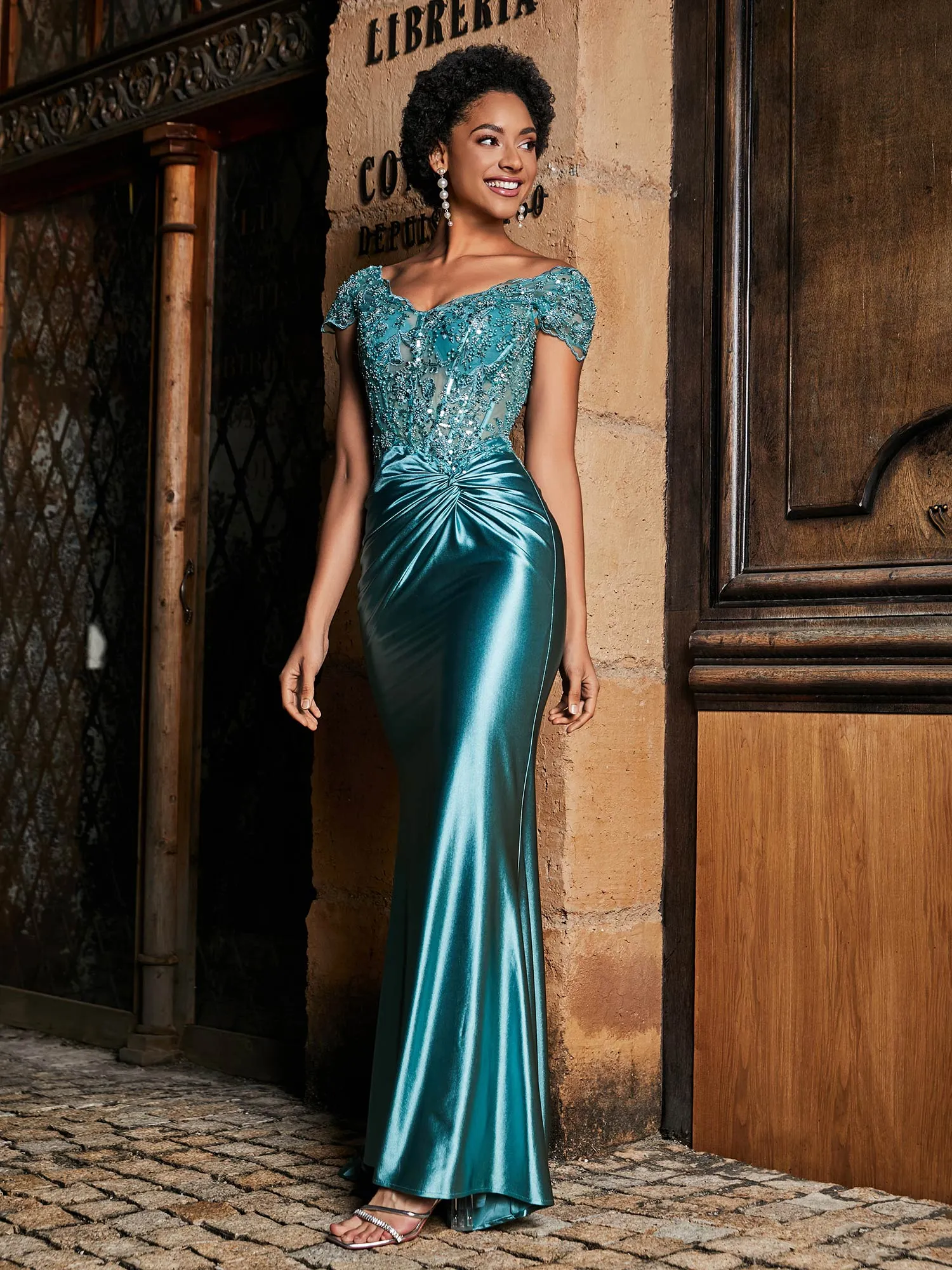Beaded Corset Bodice Mermaid Satin Gown Jade