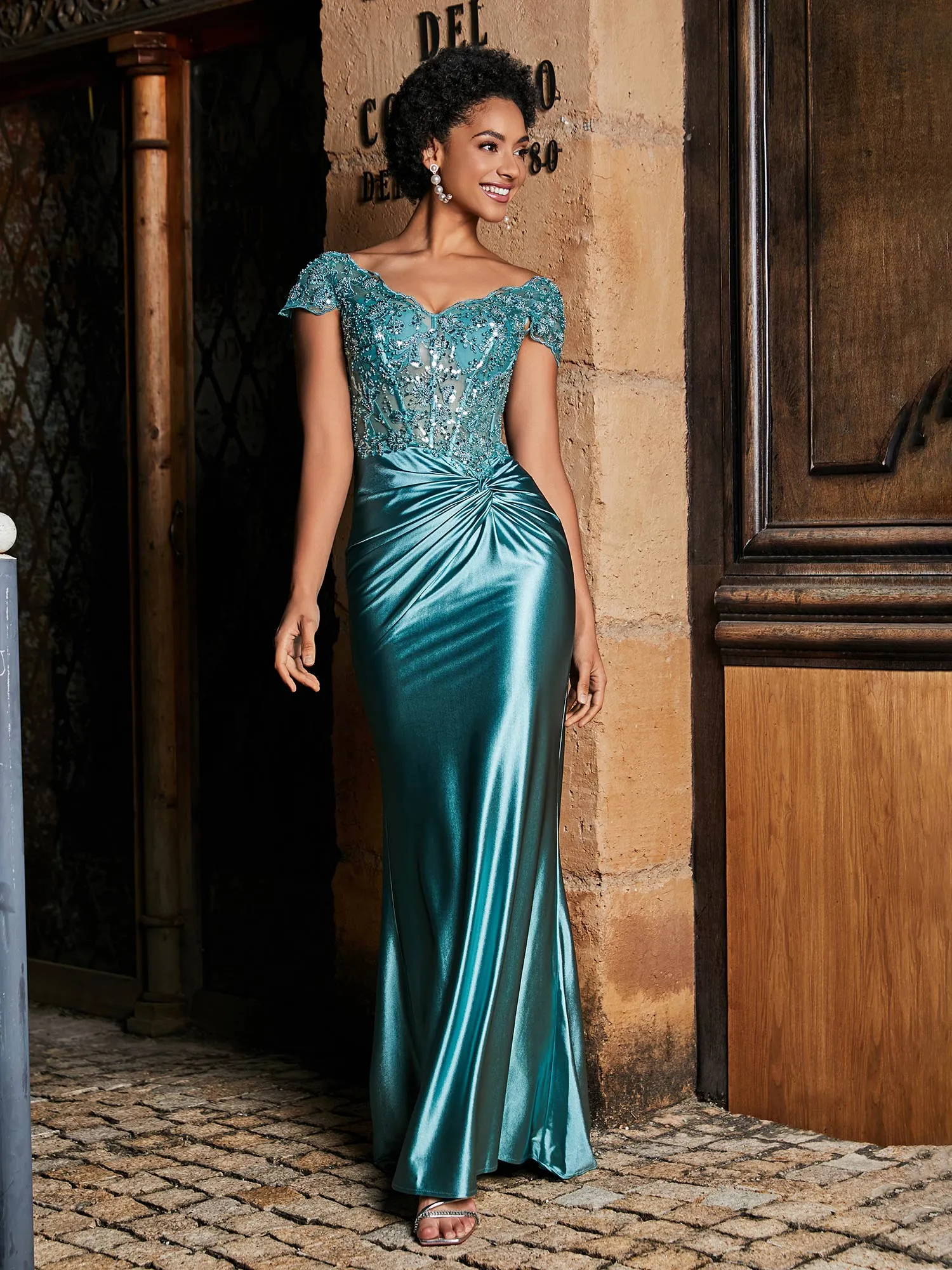 Beaded Corset Bodice Mermaid Satin Gown Jade