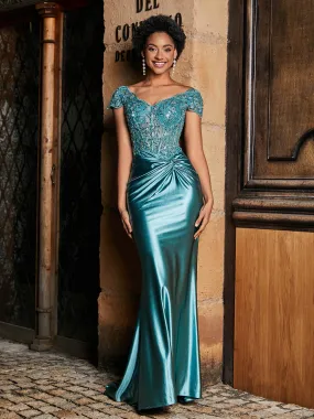 Beaded Corset Bodice Mermaid Satin Gown Jade