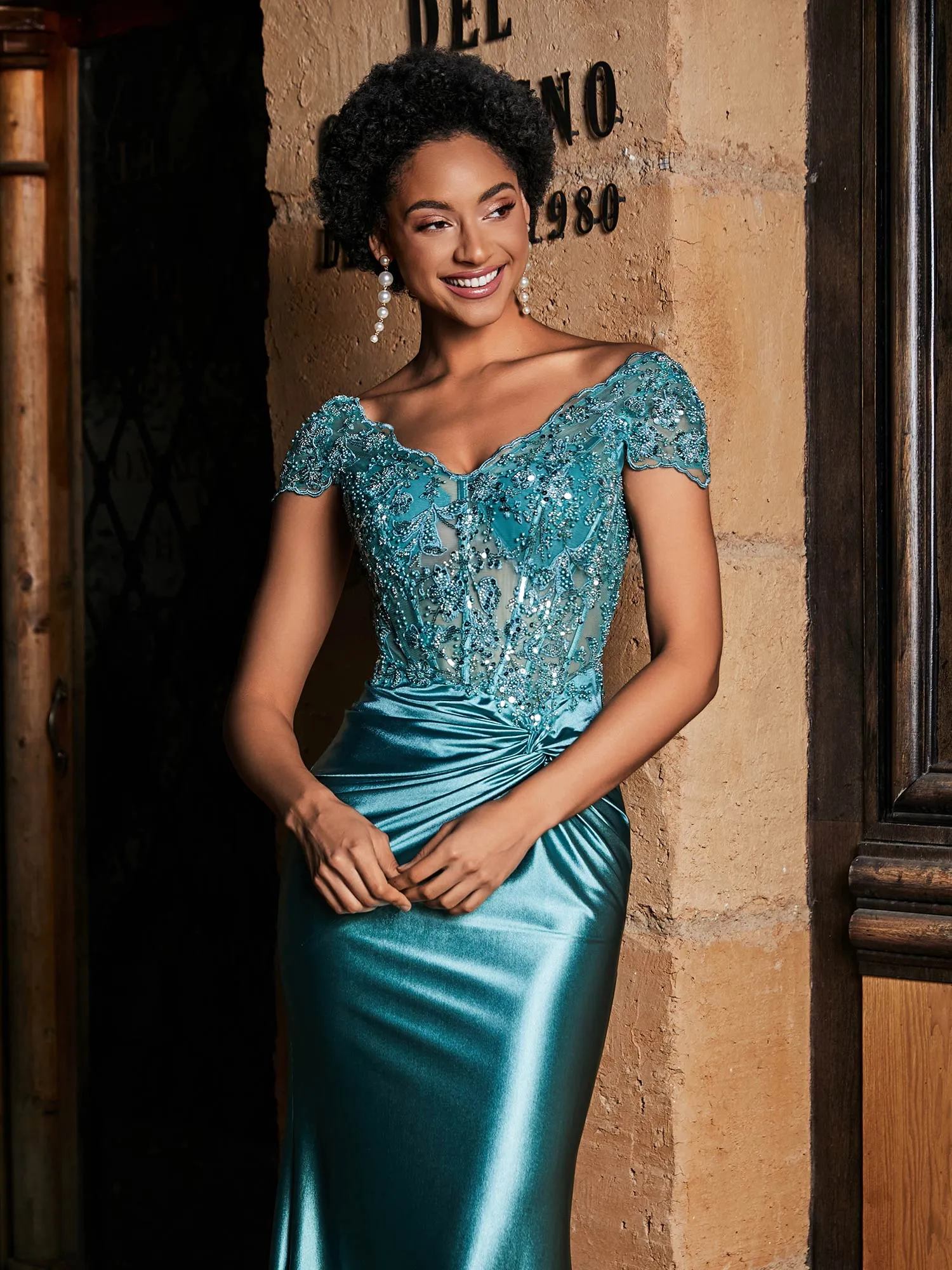 Beaded Corset Bodice Mermaid Satin Gown Jade