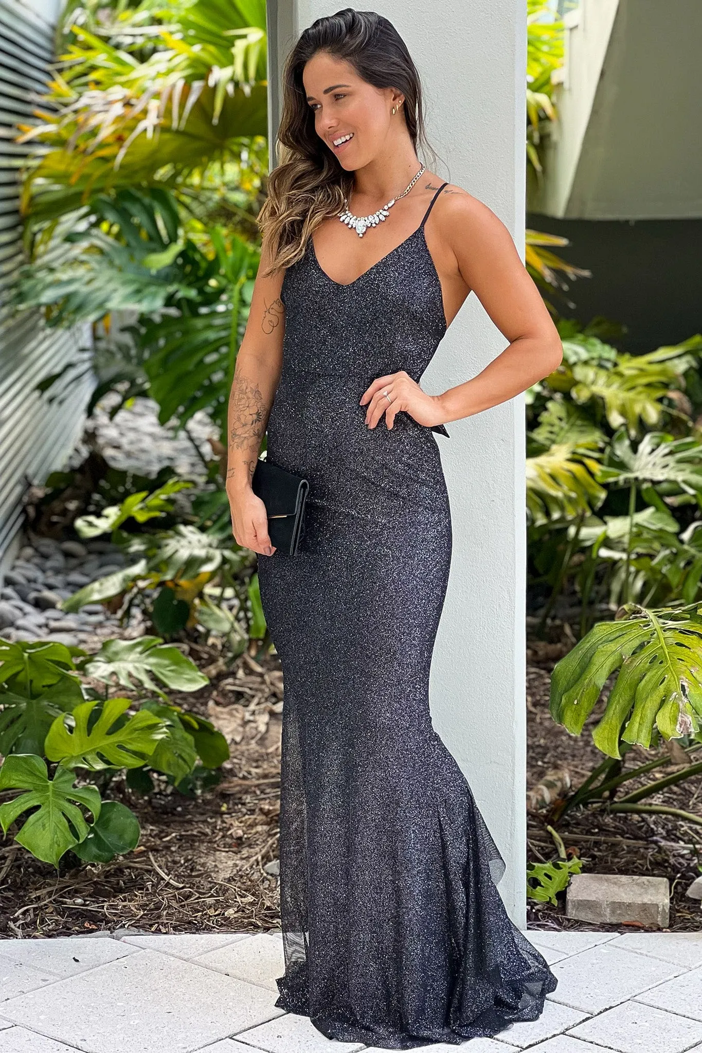 Black Glitter Maxi Dress With Bow Ruffle Details