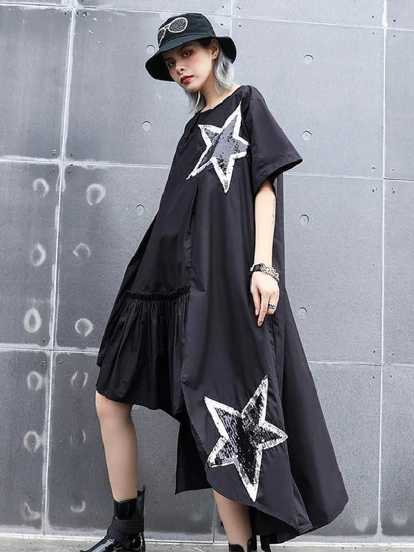 Black Oversize Asymmetric Stars Dress