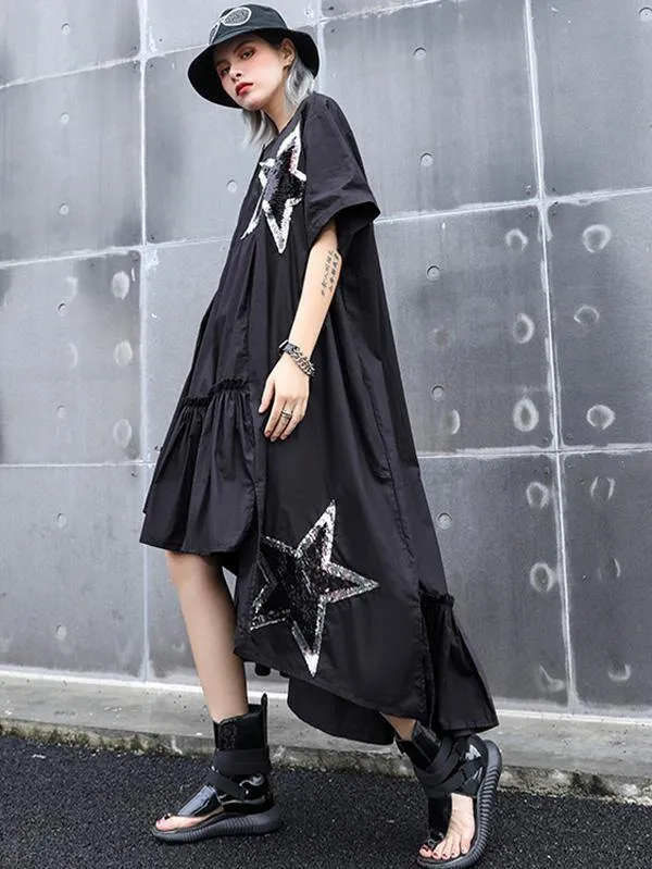 Black Oversize Asymmetric Stars Dress