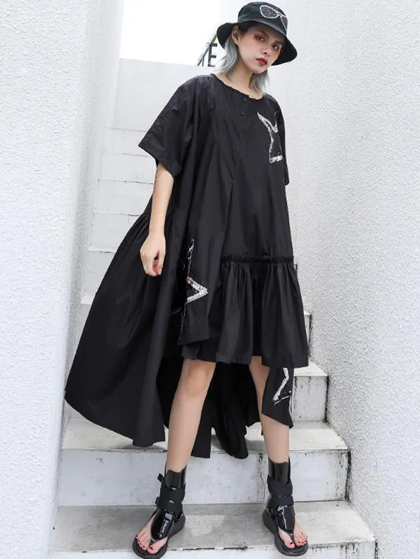 Black Oversize Asymmetric Stars Dress