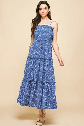 Blue Smocked Bodice Spag Strap Tiered Maxi Dress