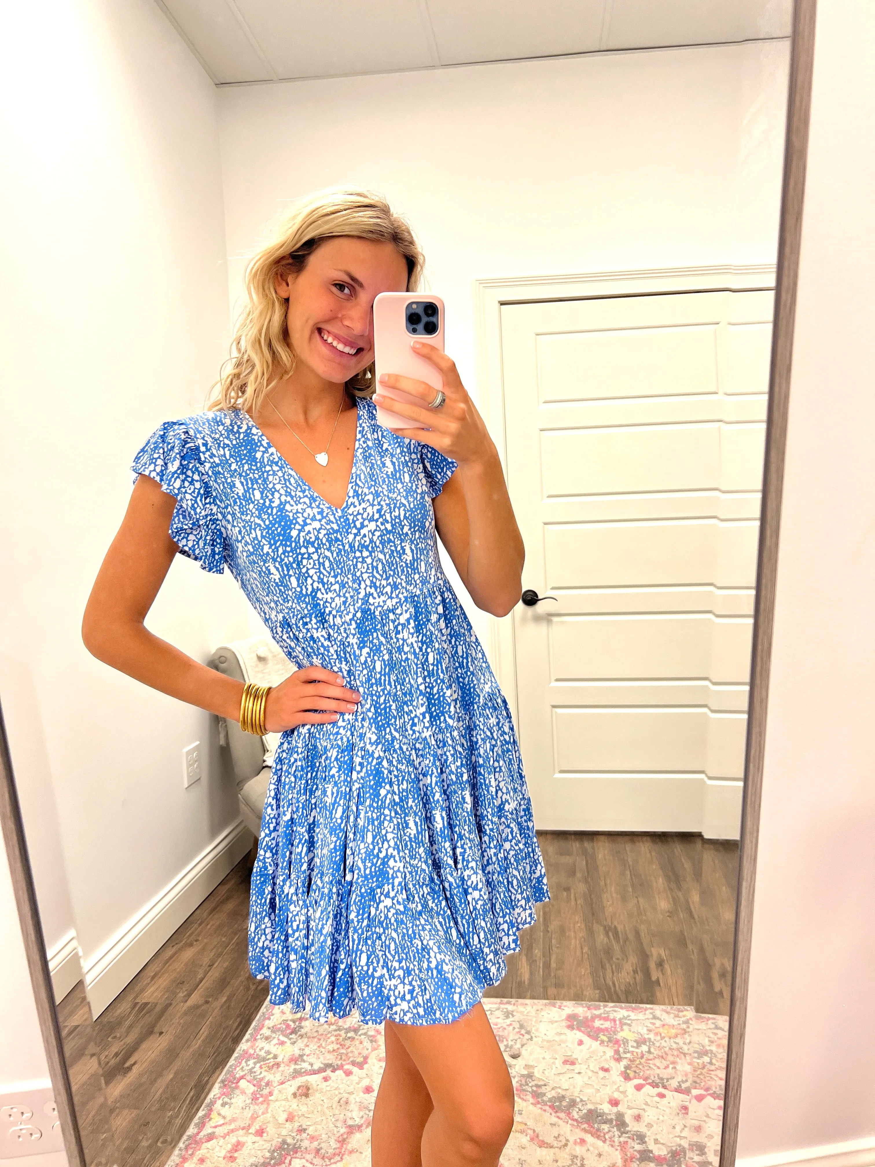 Blu/Wht Print Flutter Sleeve Tiered Dress