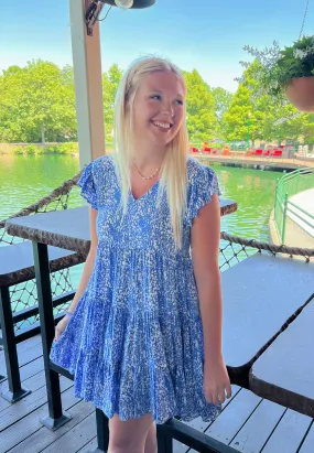 Blu/Wht Print Flutter Sleeve Tiered Dress