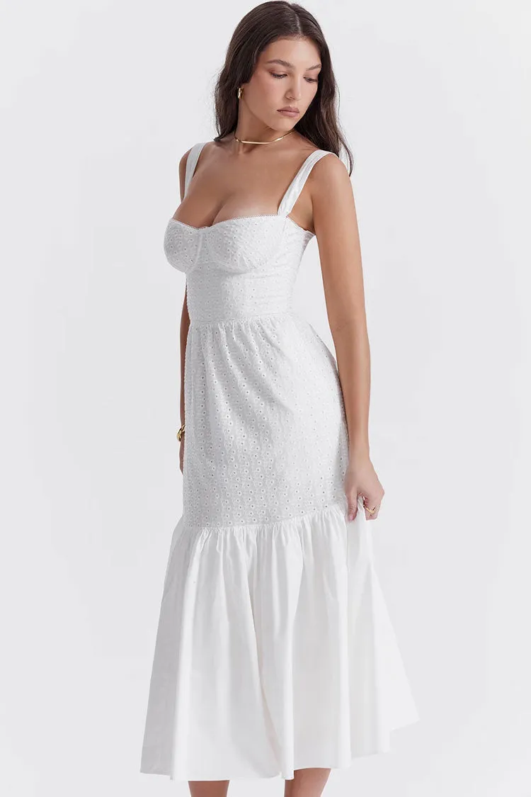 Boho Chic Bustier Broderie Anglaise Ruffle Beach Vacation Midi Sundress