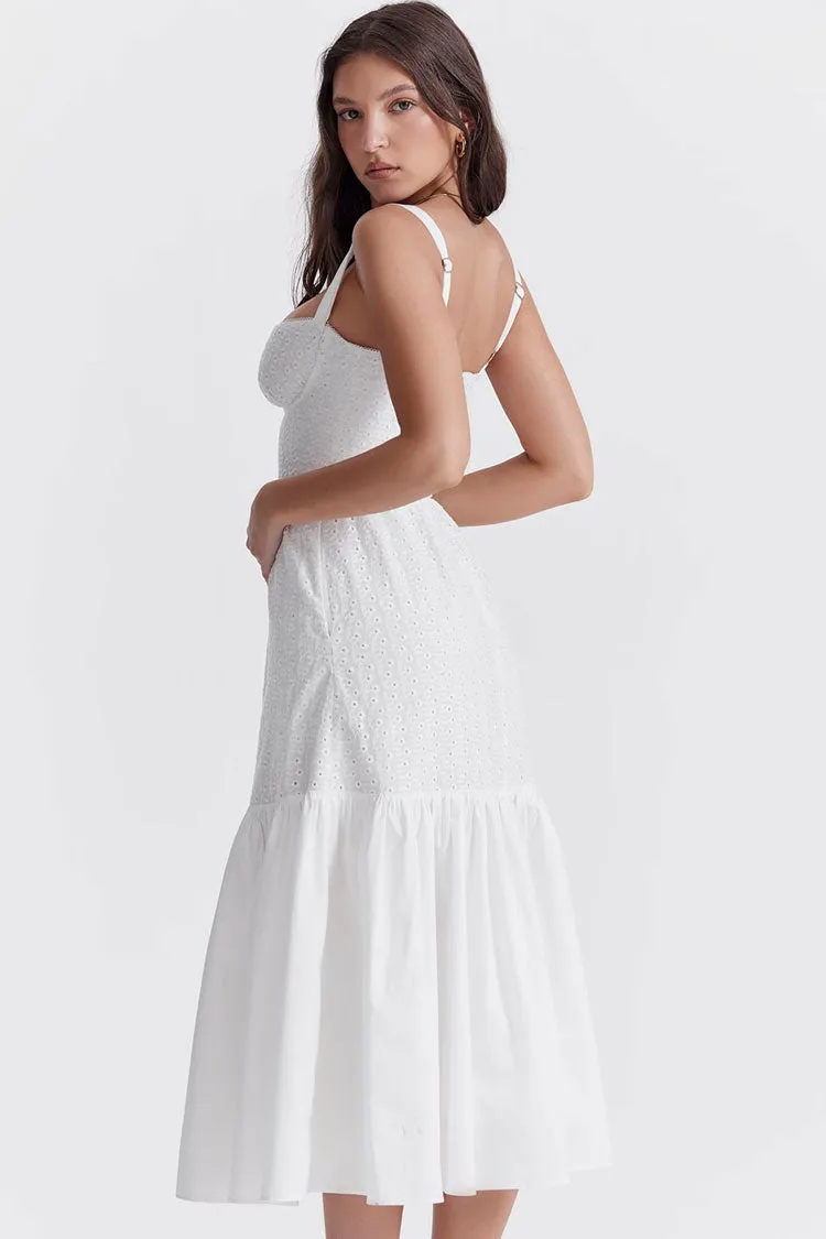 Boho Chic Bustier Broderie Anglaise Ruffle Beach Vacation Midi Sundress
