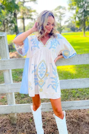 Boho Embroidered Blue Babydoll Dress