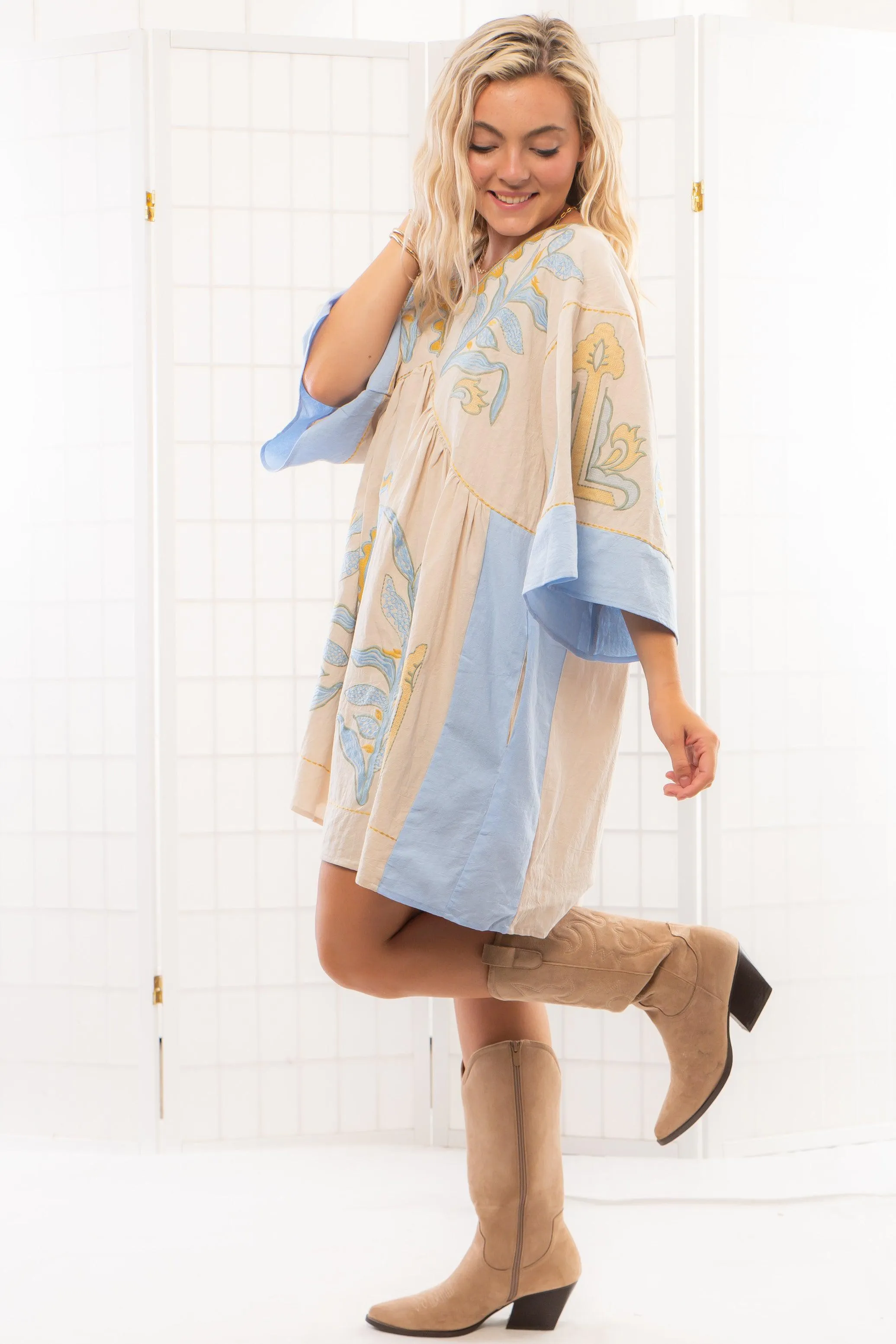 Boho Embroidered Blue Babydoll Dress
