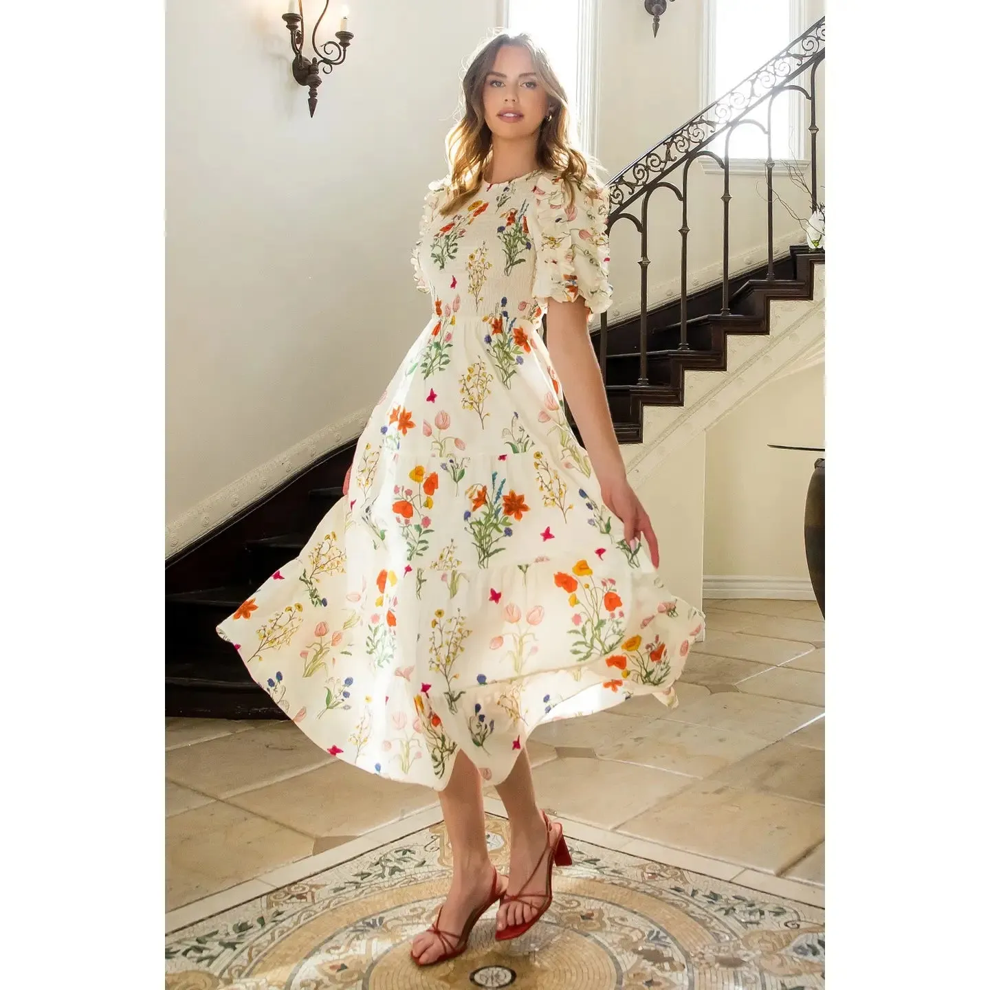 Botanical Bliss Puff Sleeve Floral Maxi Dress